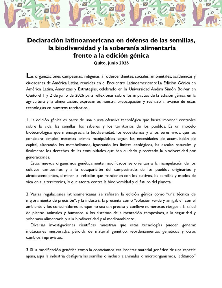 Gráfica alusiva a Declaración latinoamericana en defensa de las semillas, la biodiversidad y la soberanía alimentaria frente a la edición génica