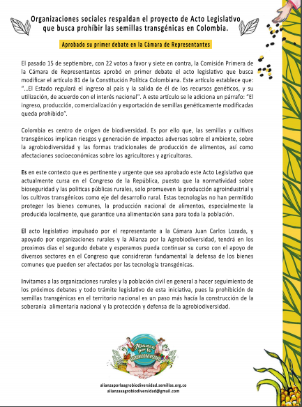 Gráfica alusiva a Comunicado "Organizaciones sociales respaldan el proyecto de acto legislativo, que busca prohibir las semillas transgénicas en Colombia"