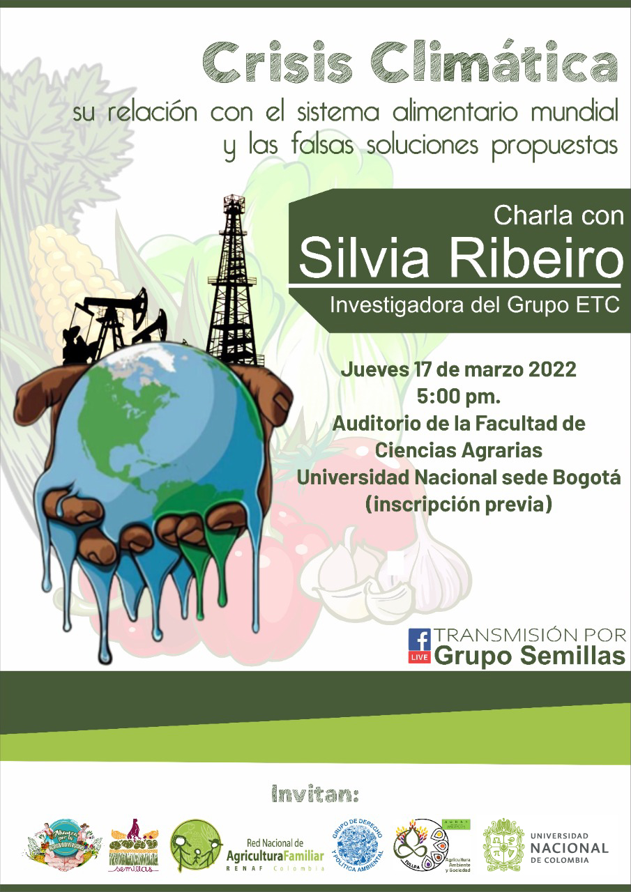 Gráfica alusiva a Conversatorio sobre crisis climática y alimentaria con Silvia Ribeiro 