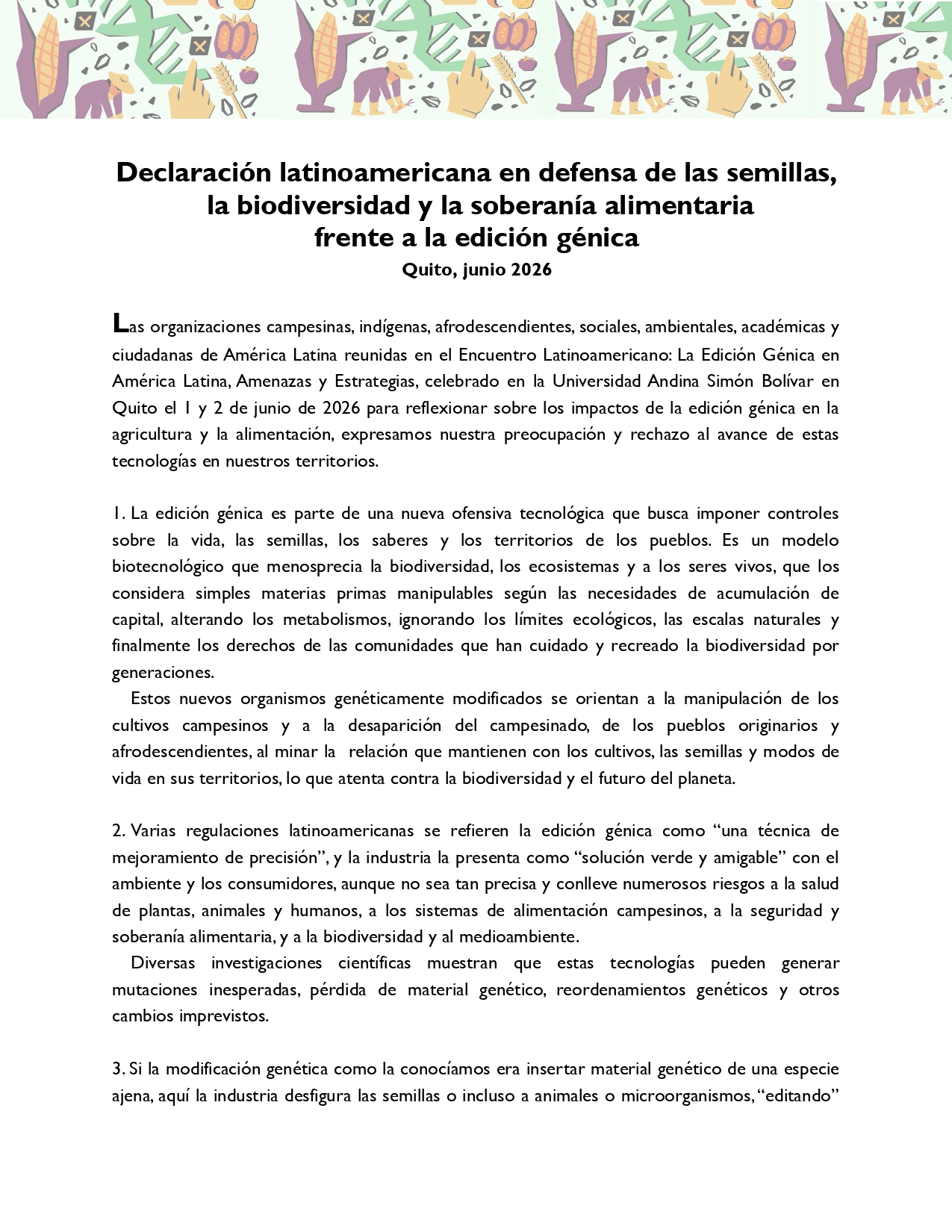 Gráfica alusiva a Declaración latinoamericana en defensa de las semillas, la biodiversidad y la soberanía alimentaria frente a la edición génica